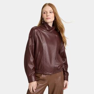 Jaqueta bomber feminina vinho oversized em couro ecológico premium elegante