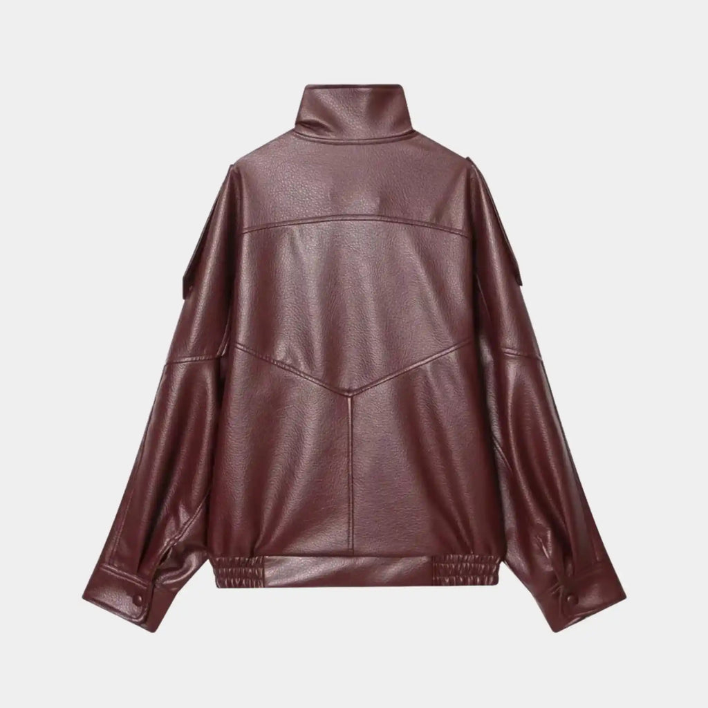 Jaqueta bomber feminina gola alta vinho com caimento oversized sofisticado