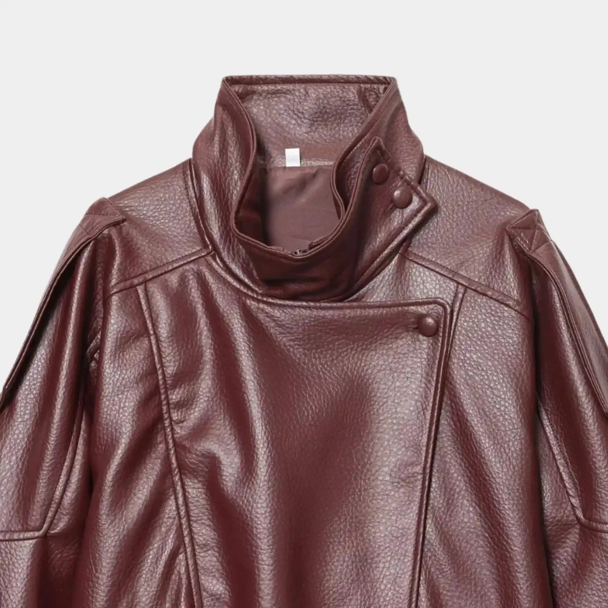 Jaqueta feminina oversized vinho elegante em couro premium para inverno feminino moderno