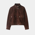 Jaqueta feminina suede marrom premium oversized com gola alta em look elegante minimalista