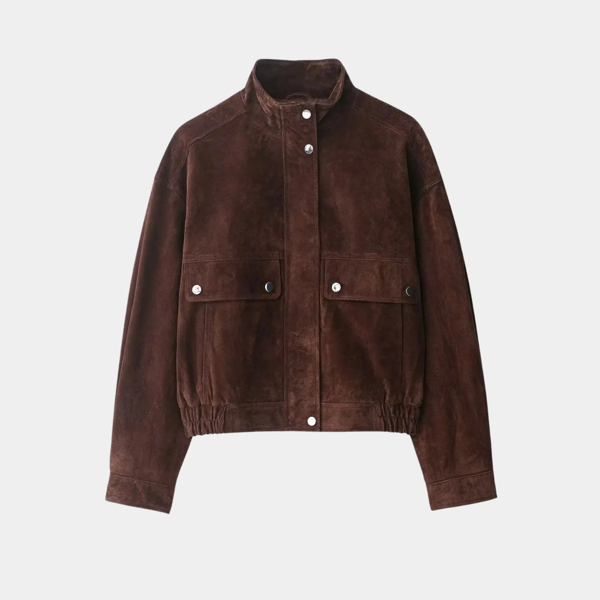 Jaqueta feminina suede marrom premium oversized com gola alta em look elegante minimalista