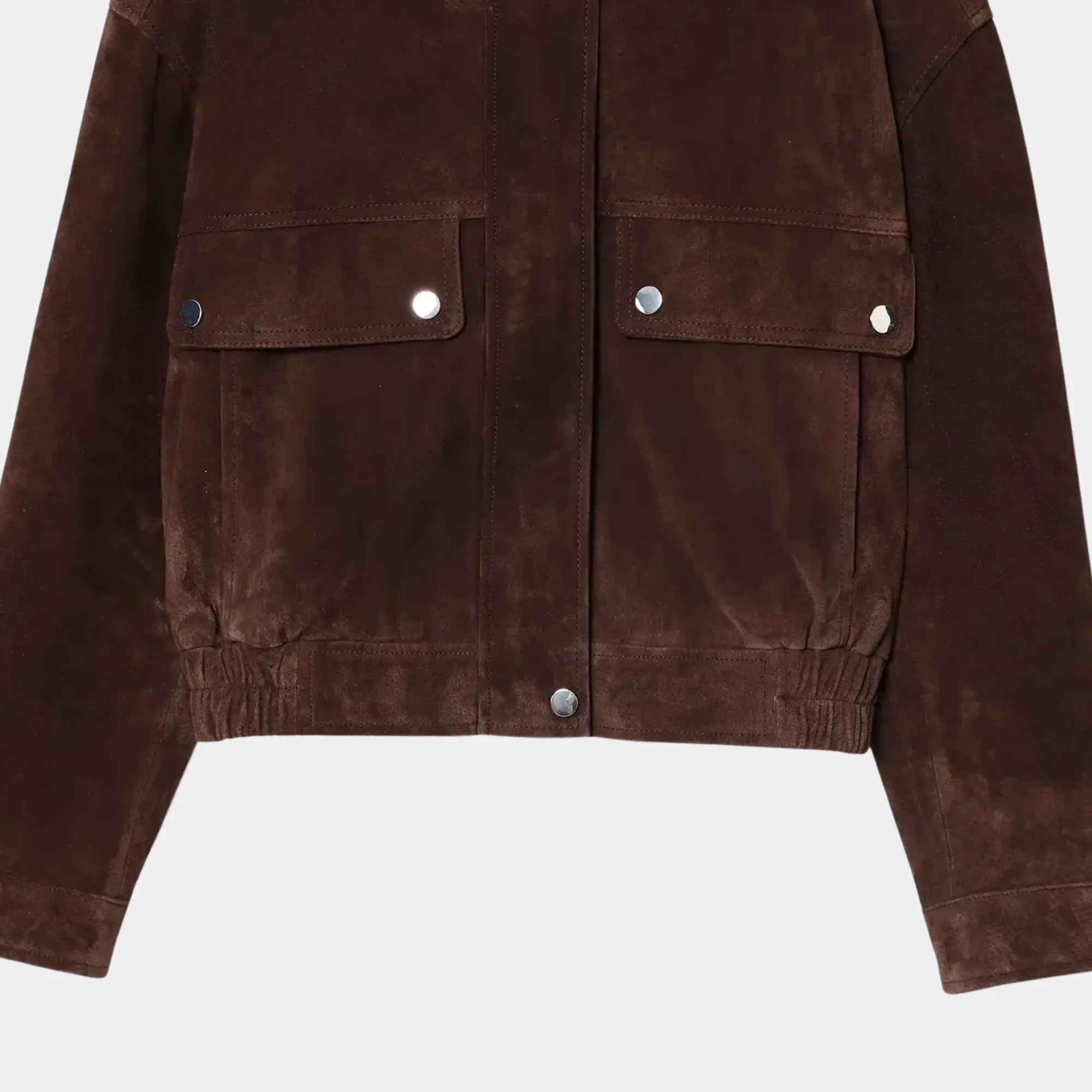 Jaqueta feminina gola alta oversized em suede marrom com estilo contemporâneo premium
