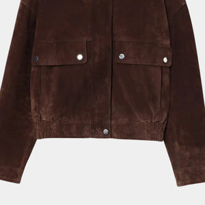 Jaqueta feminina gola alta oversized em suede marrom com estilo contemporâneo premium