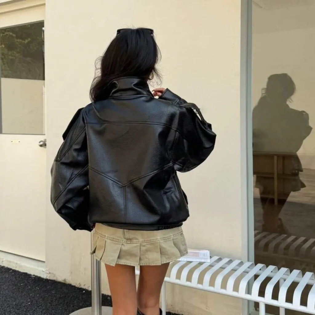 Jaqueta couro feminina preta modelagem premium