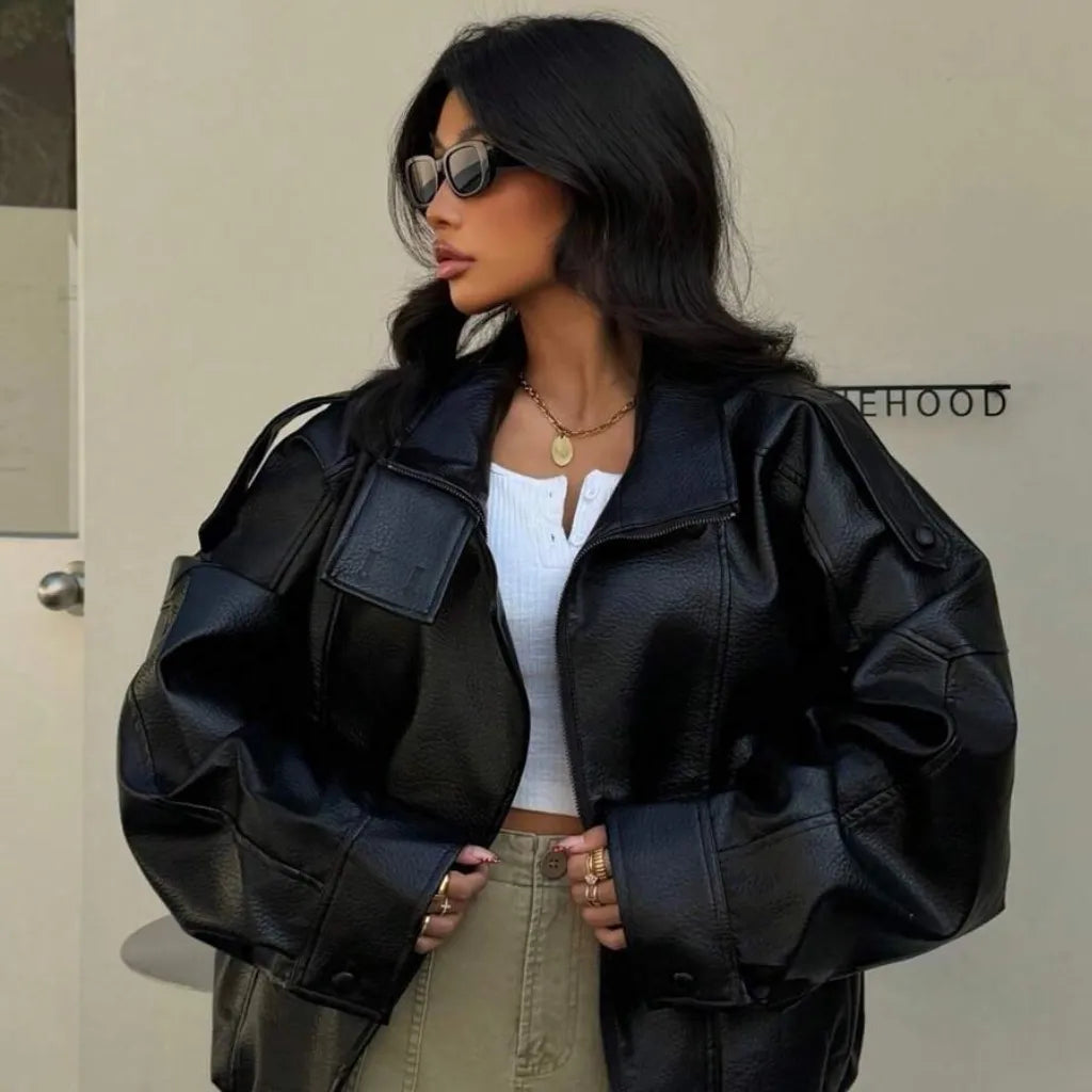 Jaqueta feminina oversized preta acabamento premium