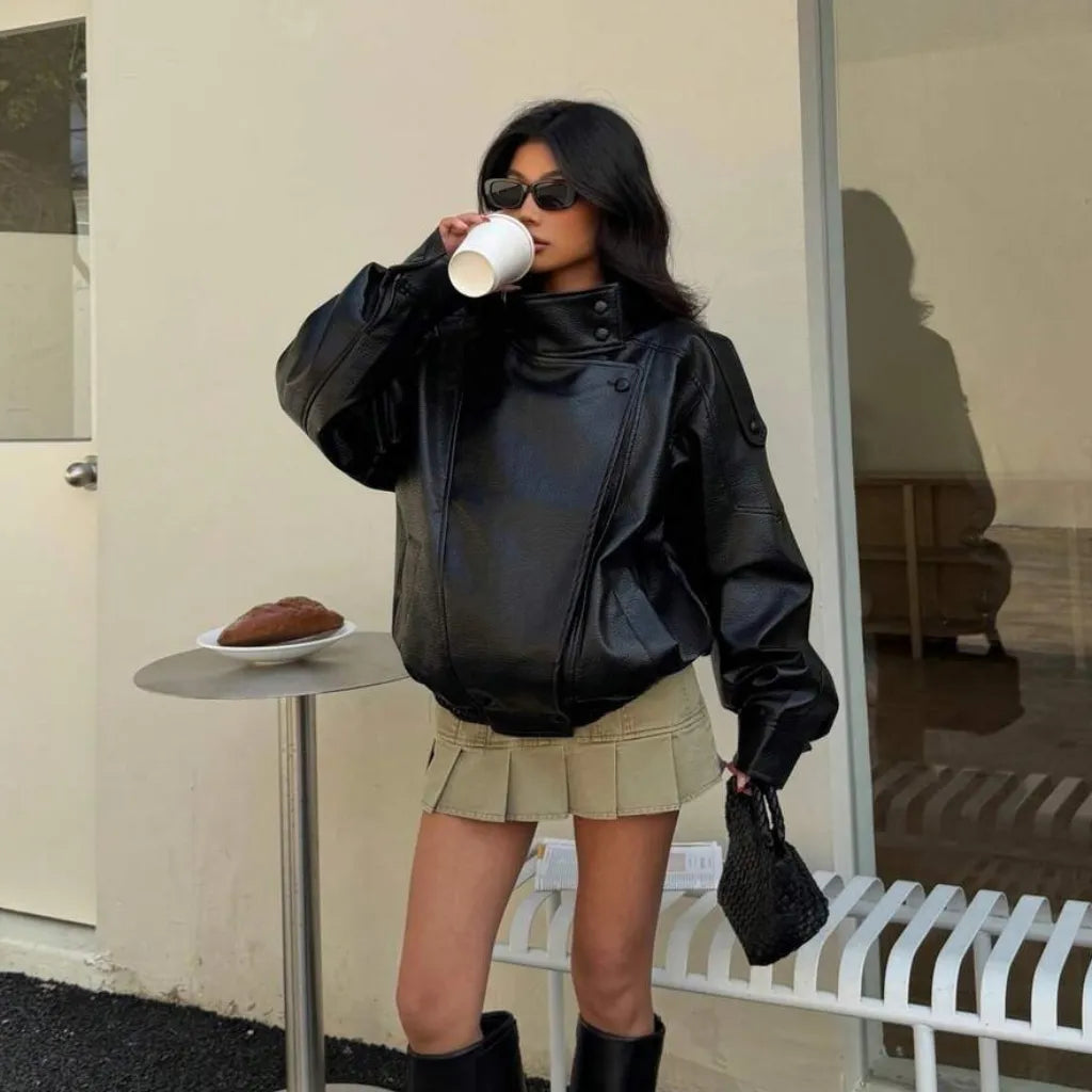 Jaqueta oversized feminina preta estilo moderno luxo