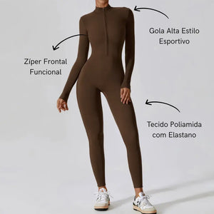 Macacão Academia Feminino Manga Longa Marrom