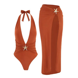 Maiô Decotado Frente Única com Saida de Praia Longa Elegante