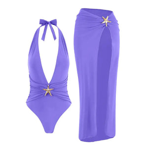 Maiô Decotado Frente Única com Saida de Praia Longa Elegante