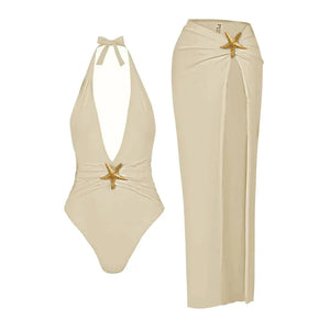 Maiô Decotado Frente Única com Saida de Praia Longa Elegante