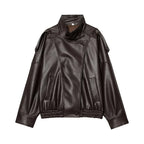 Jaqueta Feminina Oversized Couro Bomber Gola Alta Milano