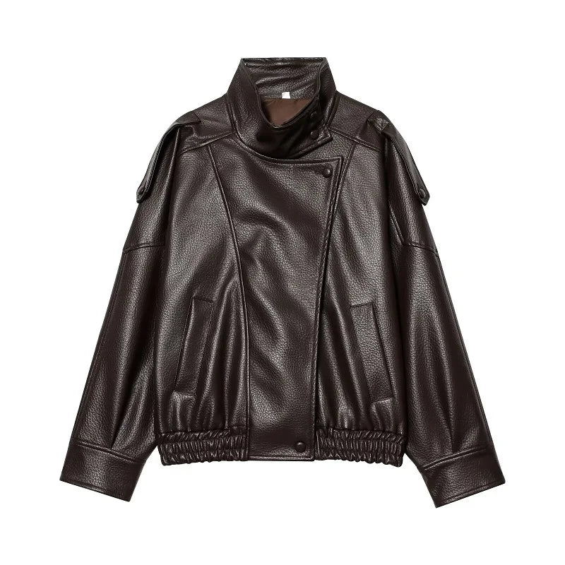 Jaqueta Feminina Oversized Couro Bomber Gola Alta Milano