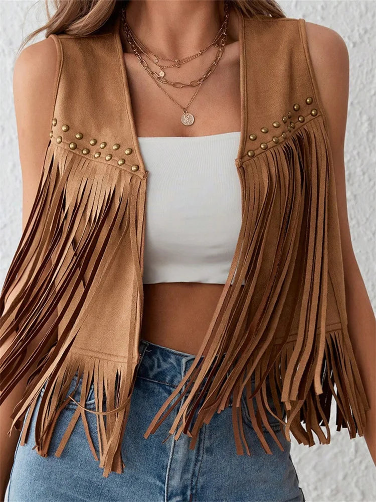 Colete Feminino Franjas em Camurça com Tachas Douradas  Savannah
