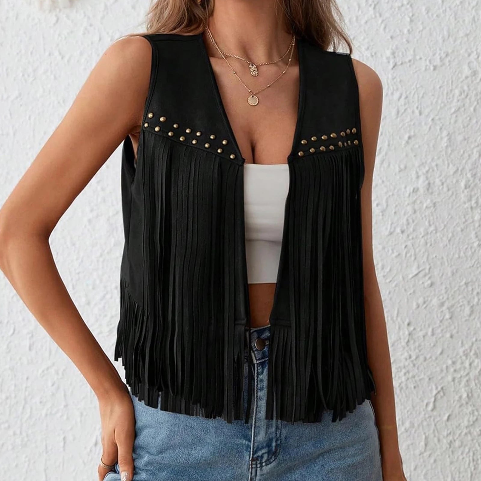 Colete Feminino Franjas em Camurça com Tachas Douradas  Savannah