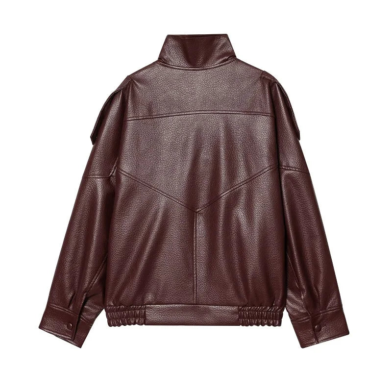 Jaqueta Feminina Oversized Couro Bomber Gola Alta Milano