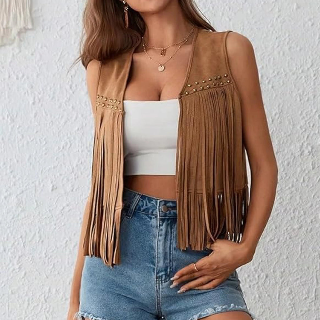 Colete Feminino Franjas em Camurça com Tachas Douradas  Savannah