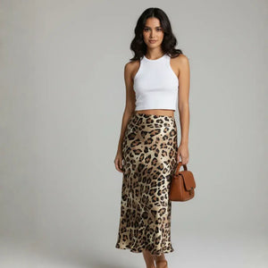 Saia Longa Feminina Animal Print Estampa Onça Cetim