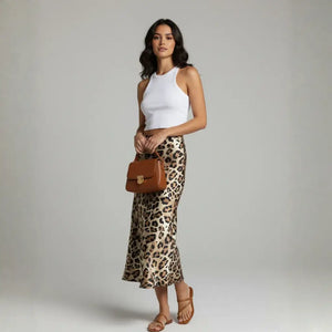 Saia Longa Feminina Animal Print Estampa Onça Cetim