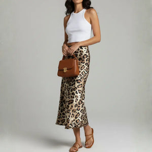 Saia Longa Feminina Animal Print Estampa Onça Cetim