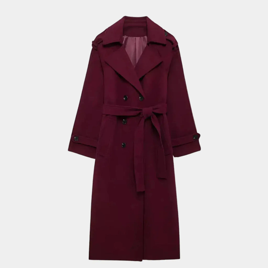 Trench coat feminino longo vinho com cinto removível, lapela ampla e abotoamento duplo elegante