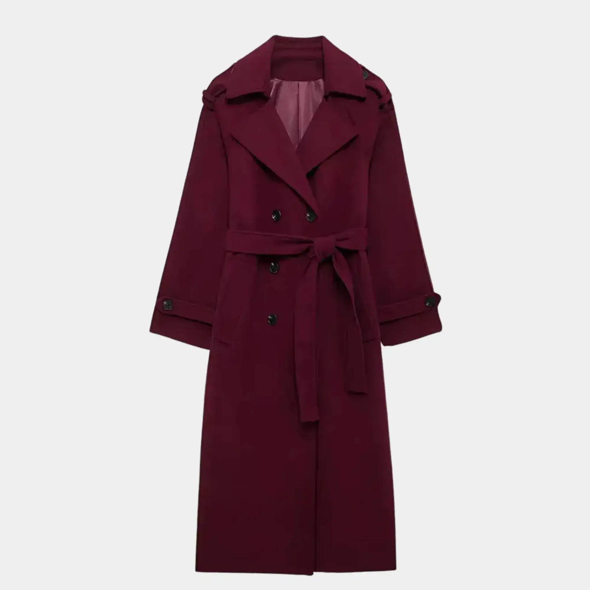Trench coat feminino longo vinho com cinto removível, lapela ampla e abotoamento duplo elegante
