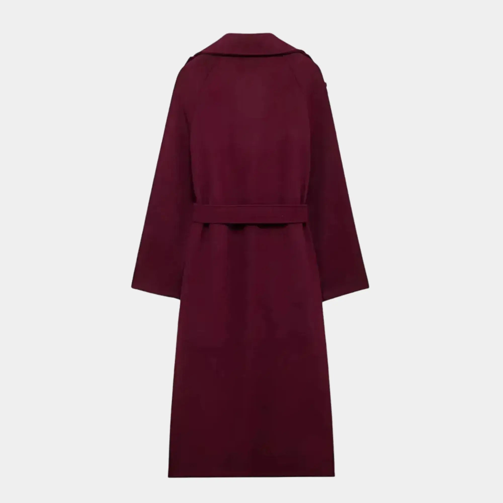 Gola traseira do trench coat feminino longo vinho com acabamento premium e tecido de toque macio