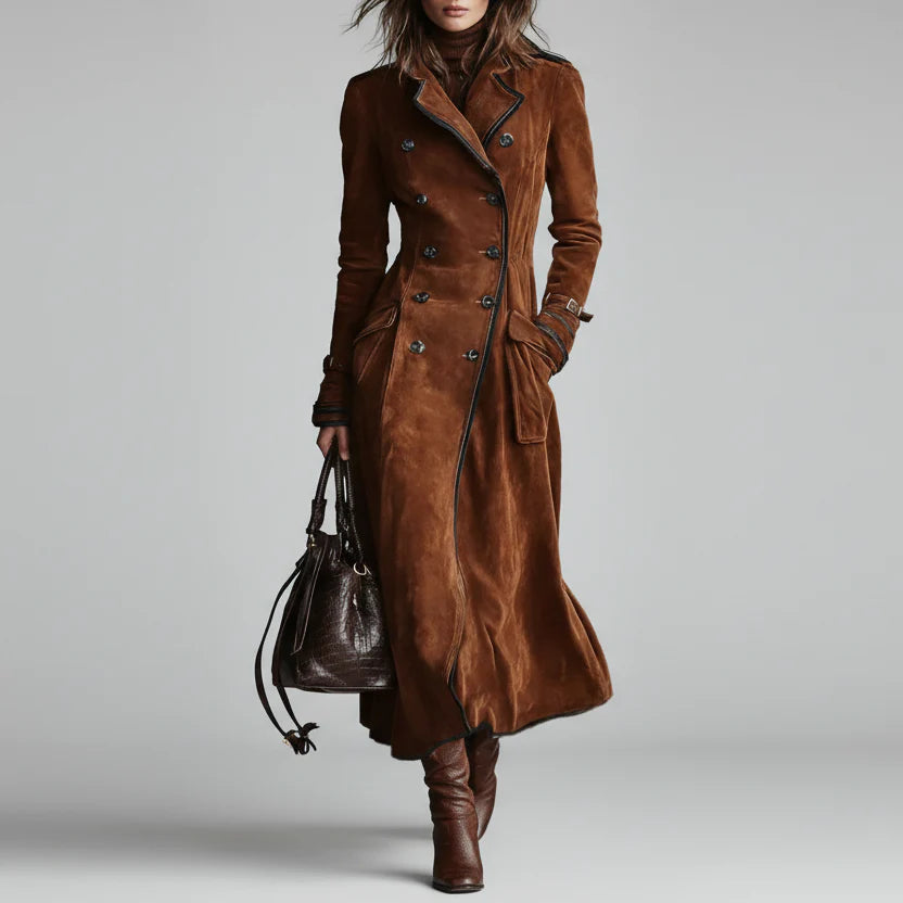Trench Coat Feminino em Camurça Marrom com Botonadura Dupla – Chelsea