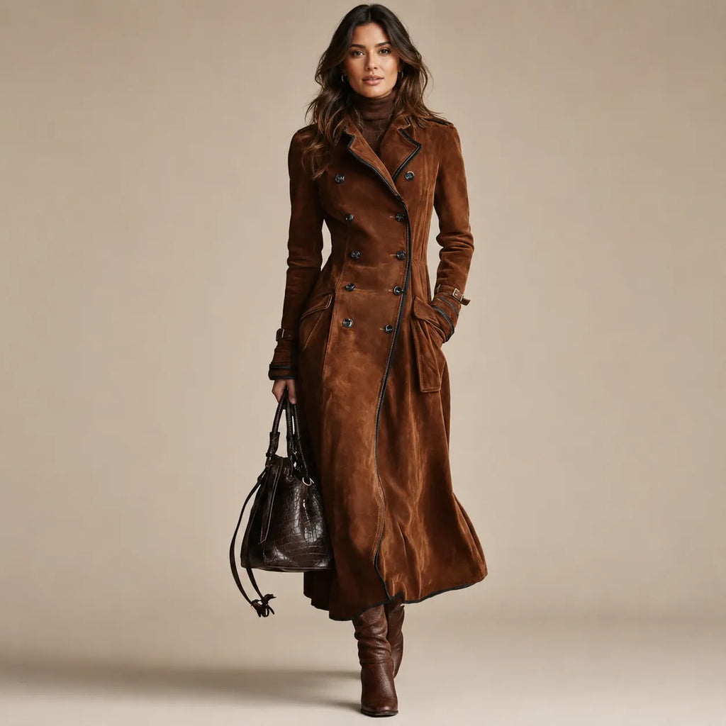 Trench Coat Feminino em Camurça Marrom com Botonadura Dupla – Chelsea