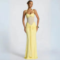 Vestido Amarelo Manteiga de Festa Longo com Recorte em Tule