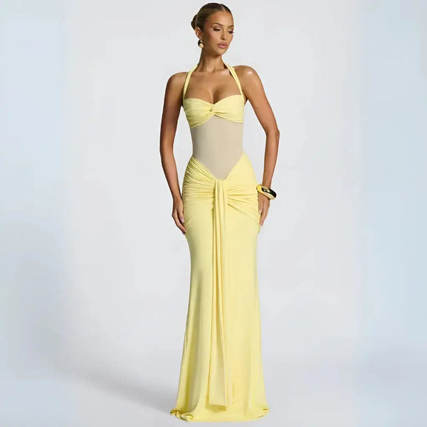 Vestido Amarelo Manteiga de Festa Longo com Recorte em Tule