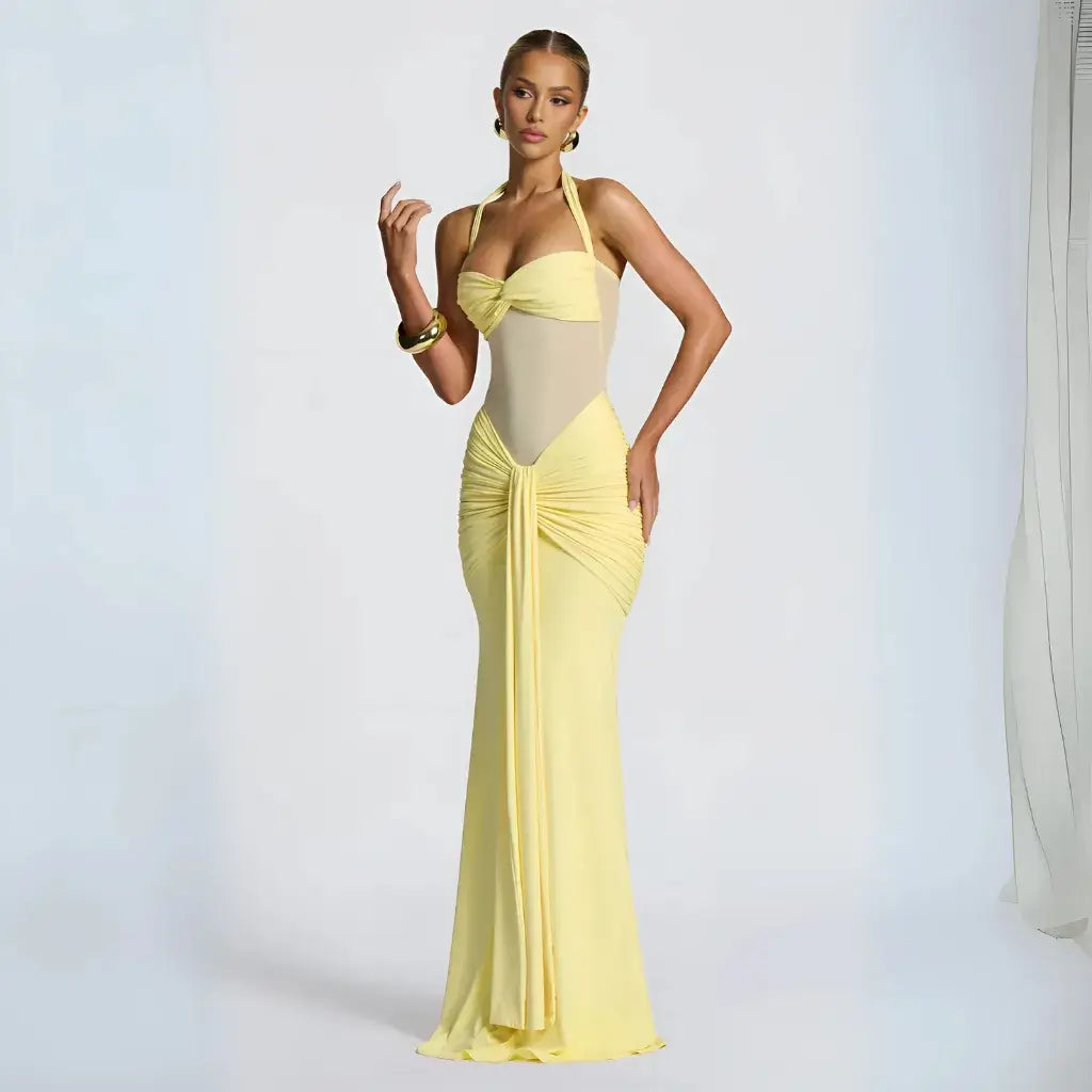 Vestido Amarelo Manteiga de Festa Longo com Recorte em Tule