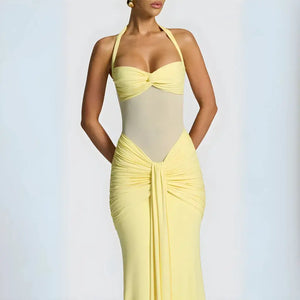 Vestido Amarelo Manteiga de Festa Longo com Recorte em Tule