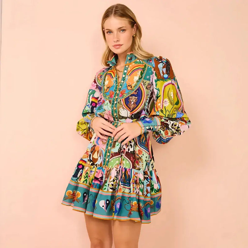 Vestido Boho Chic Estampado Manga Bufante