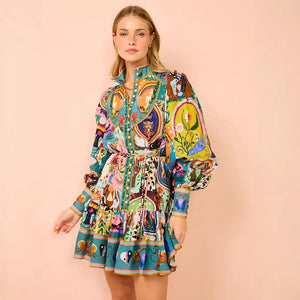 Vestido Boho Chic Estampado Manga Bufante