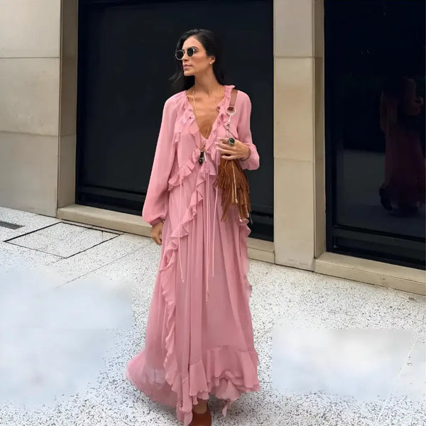 Vestido Boho Chic Longo Rosa com Babado Elegante