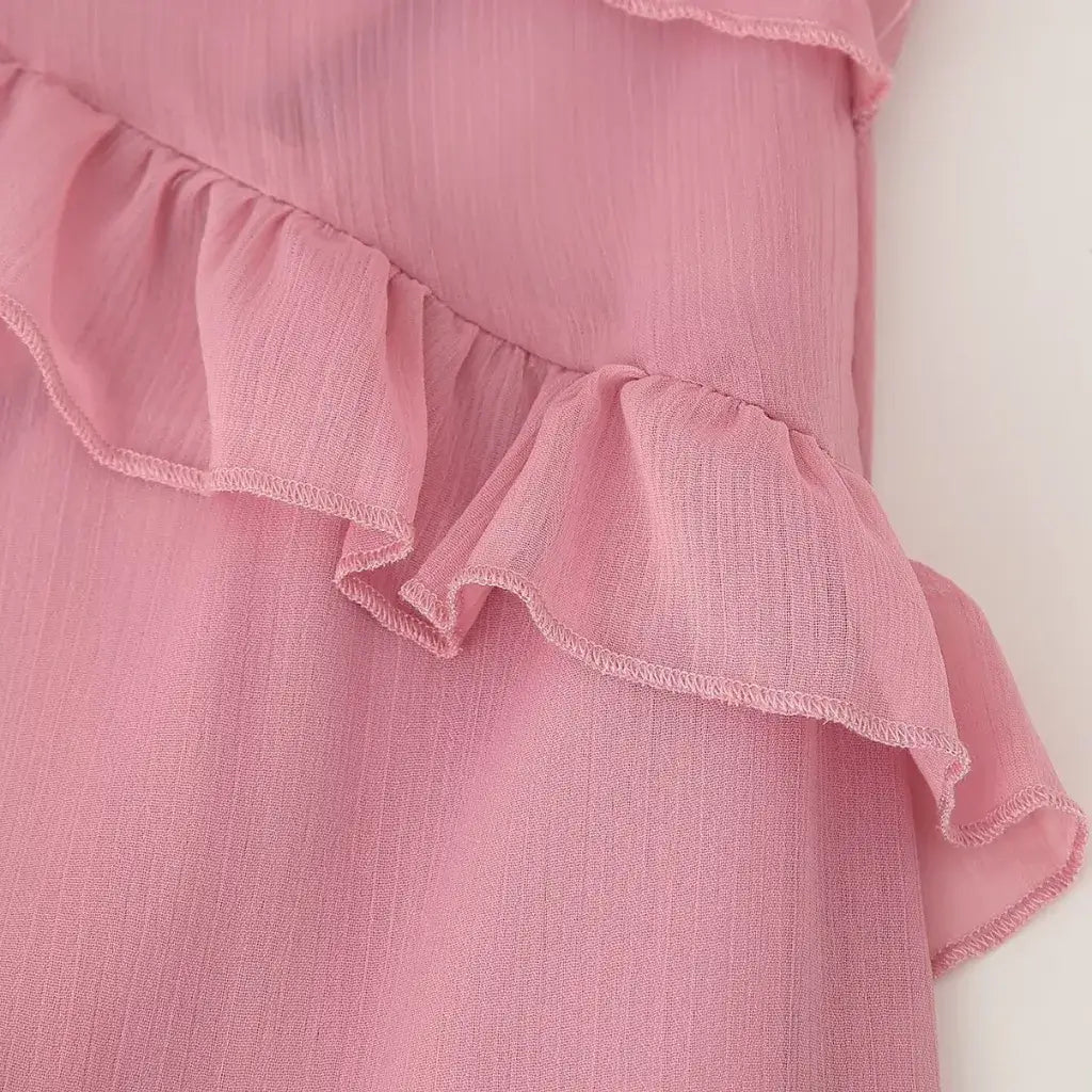 Vestido Boho Chic Longo Rosa com Babado Elegante