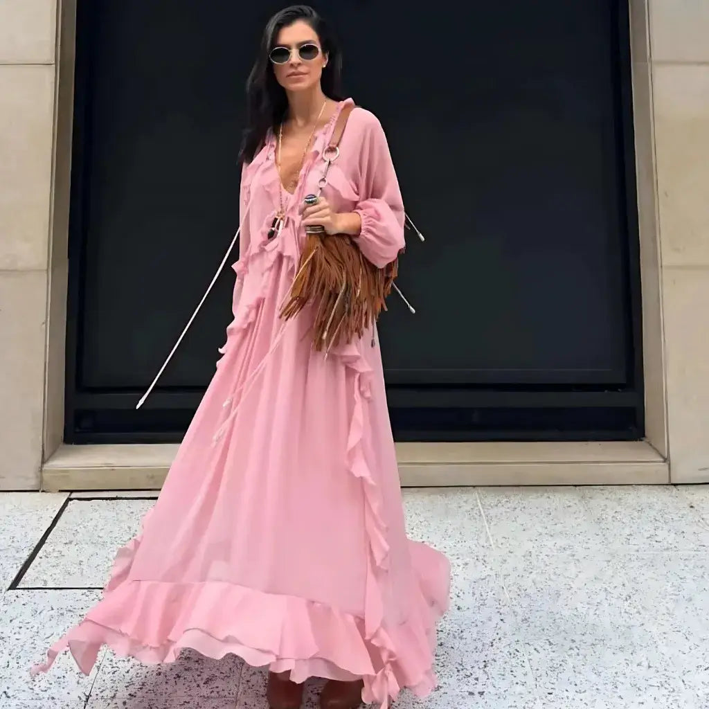 Vestido Boho Chic Longo Rosa com Babado Elegante