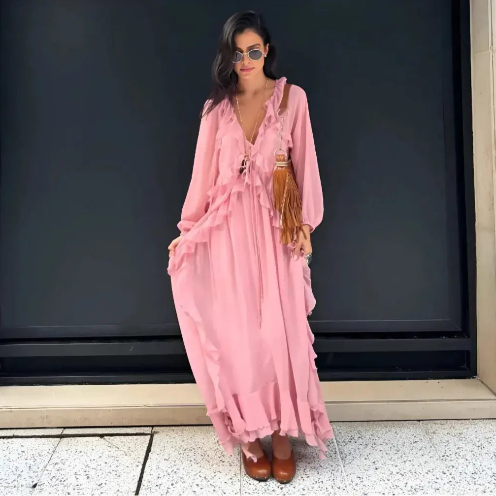 Vestido Boho Chic Longo Rosa com Babado Elegante