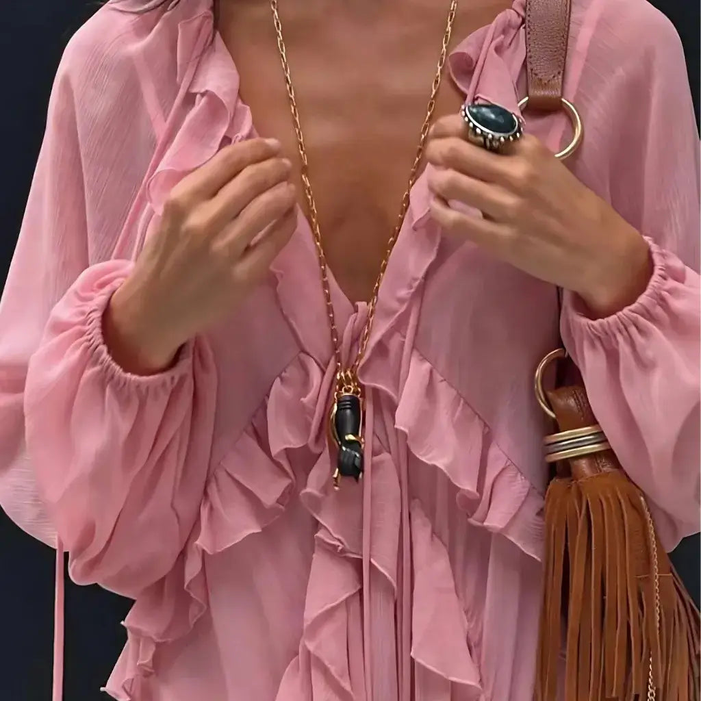 Vestido Boho Chic Longo Rosa com Babado Elegante