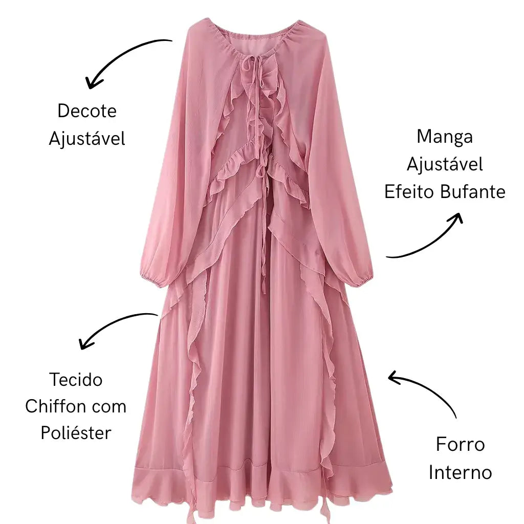 Vestido Boho Chic Longo Rosa com Babado Elegante