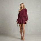 Vestido Curto Feminino Um Ombro Só Manga Longa