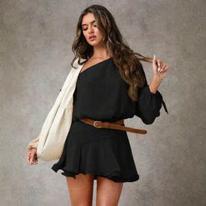 Vestido Curto Feminino Um Ombro Só Manga Longa