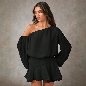 Vestido Curto Feminino Um Ombro Só Manga Longa