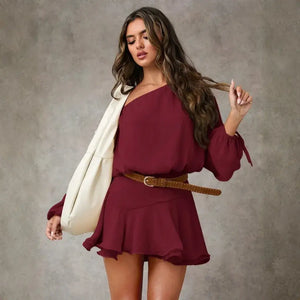 Vestido Curto Feminino Um Ombro Só Manga Longa