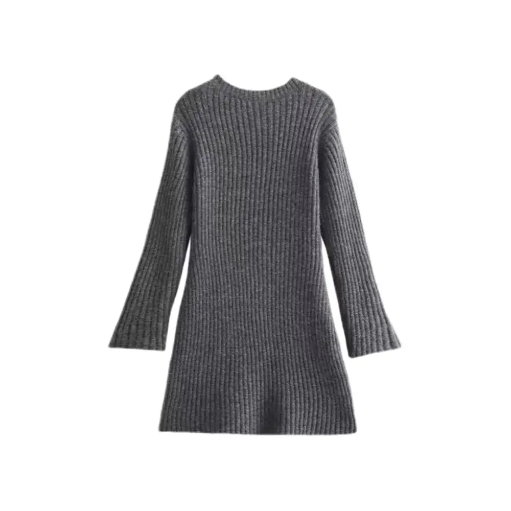 Vestido Curto de Malha Canelada Cinza