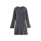 Vestido Curto de Malha Canelada Cinza