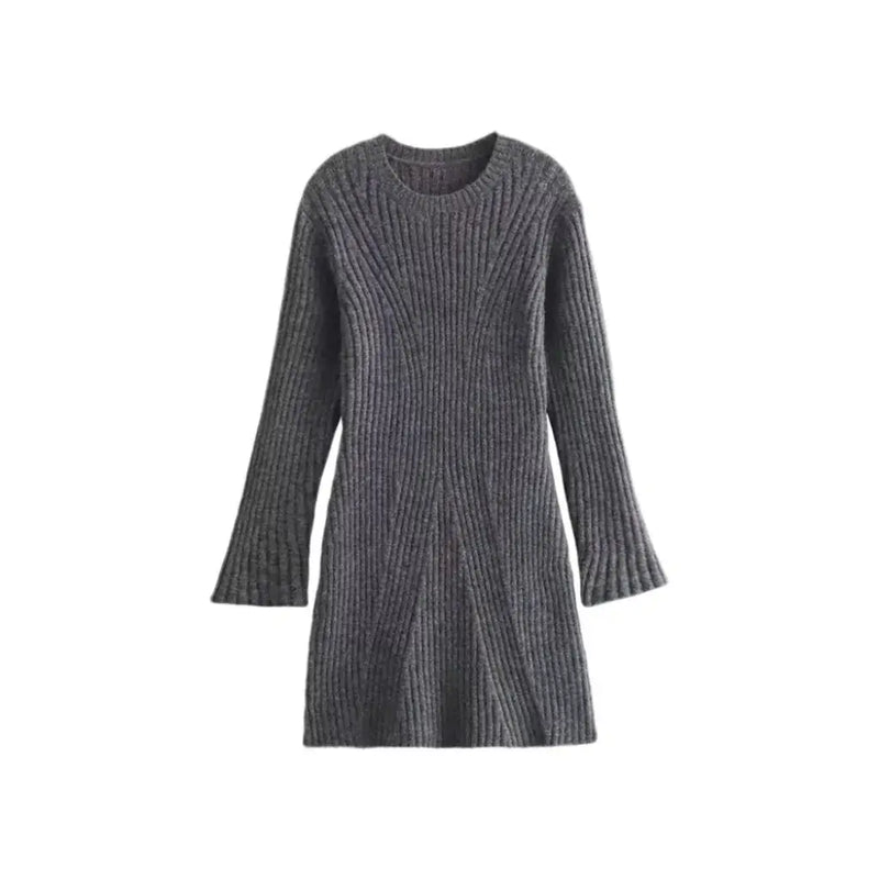 Vestido Curto de Malha Canelada Cinza