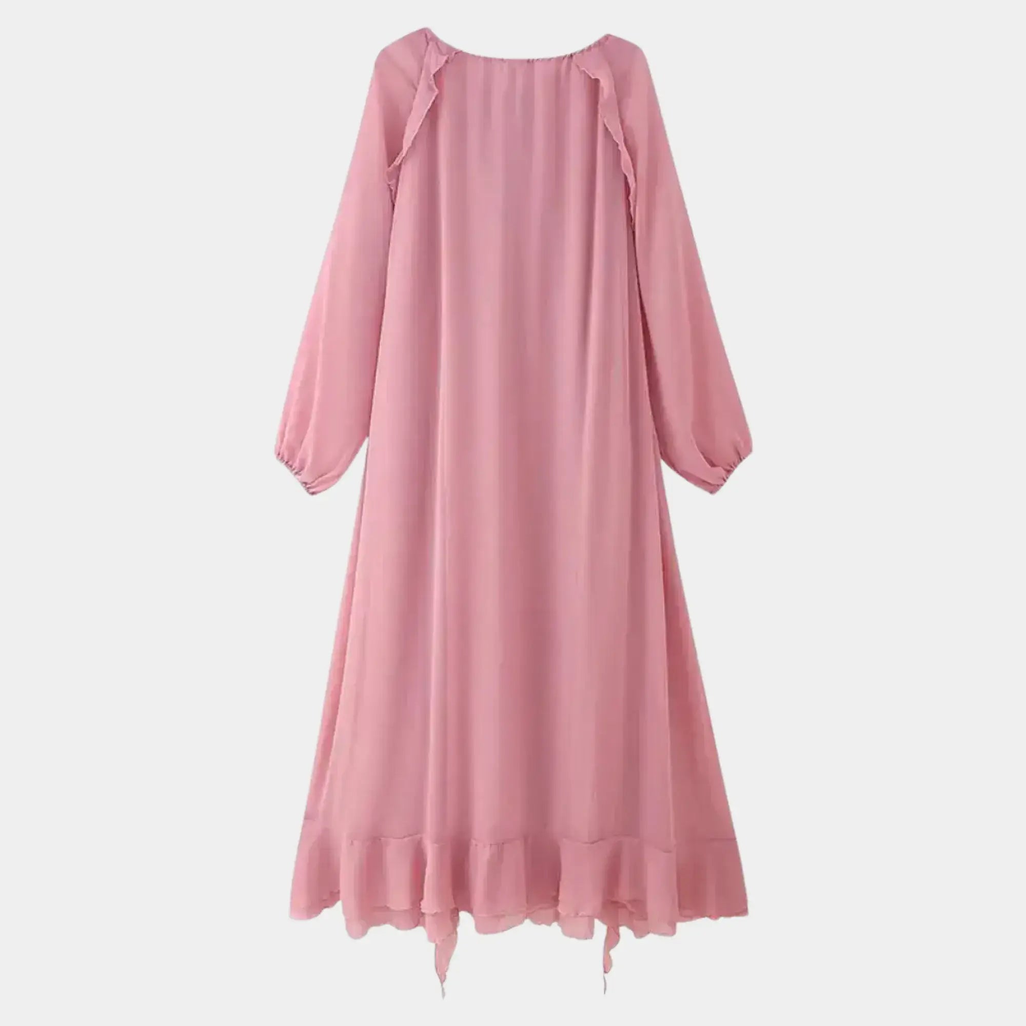 Vestido longo boho chic rosa visto de costas em fundo branco
