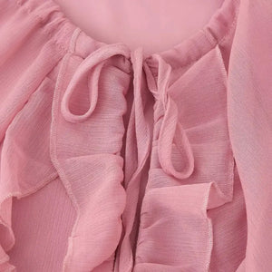 Amarração frontal com babados no decote do vestido longo boho chic Bellamour