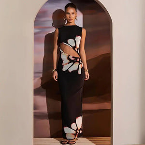 Vestido Longo Casual Preto Estampado com Recorte Lateral